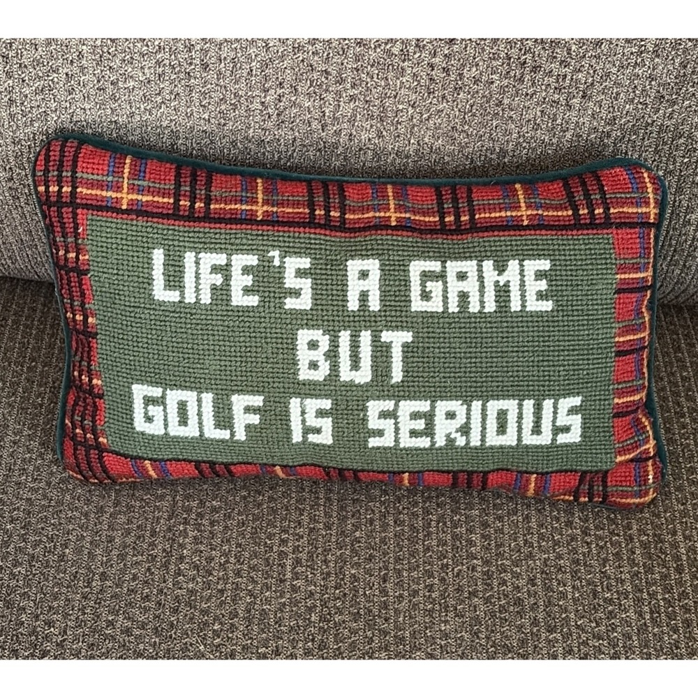 Vintage Needlepoint Accent Pillow Lifes a Game But Golf is Serious Wool Velvet